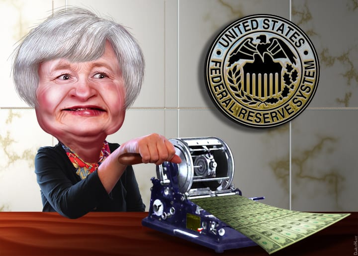 [Cartoon: Janet Yellen printing money]