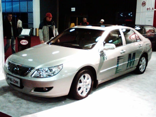 BYD F6DM plug-in hybrid at NAIAS2008. It looks rather like a Toyota Camry. "DM" stands for "Dual Mode": electric-only and hybrid gas/electric.