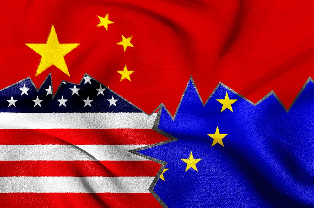 U.S., E.U. and Chinese flags overlapping